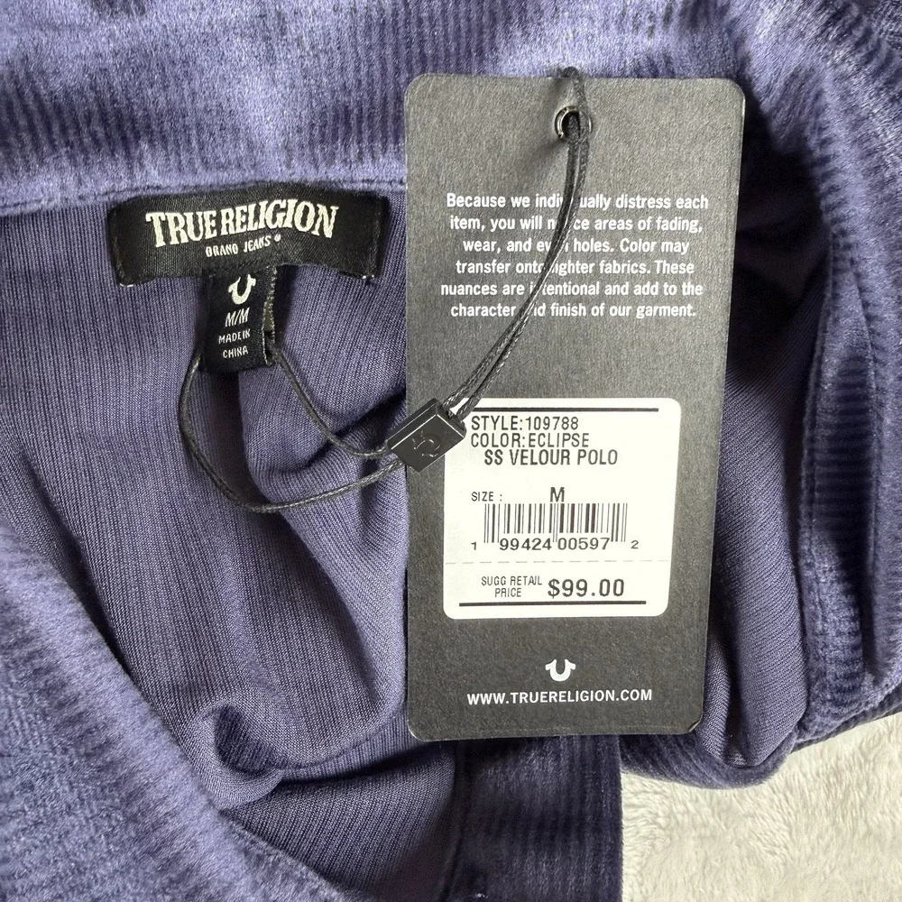 True Religion Velour Polo Shirt Men's Medium‎ Eclipse Blue Short Sleeve New $99